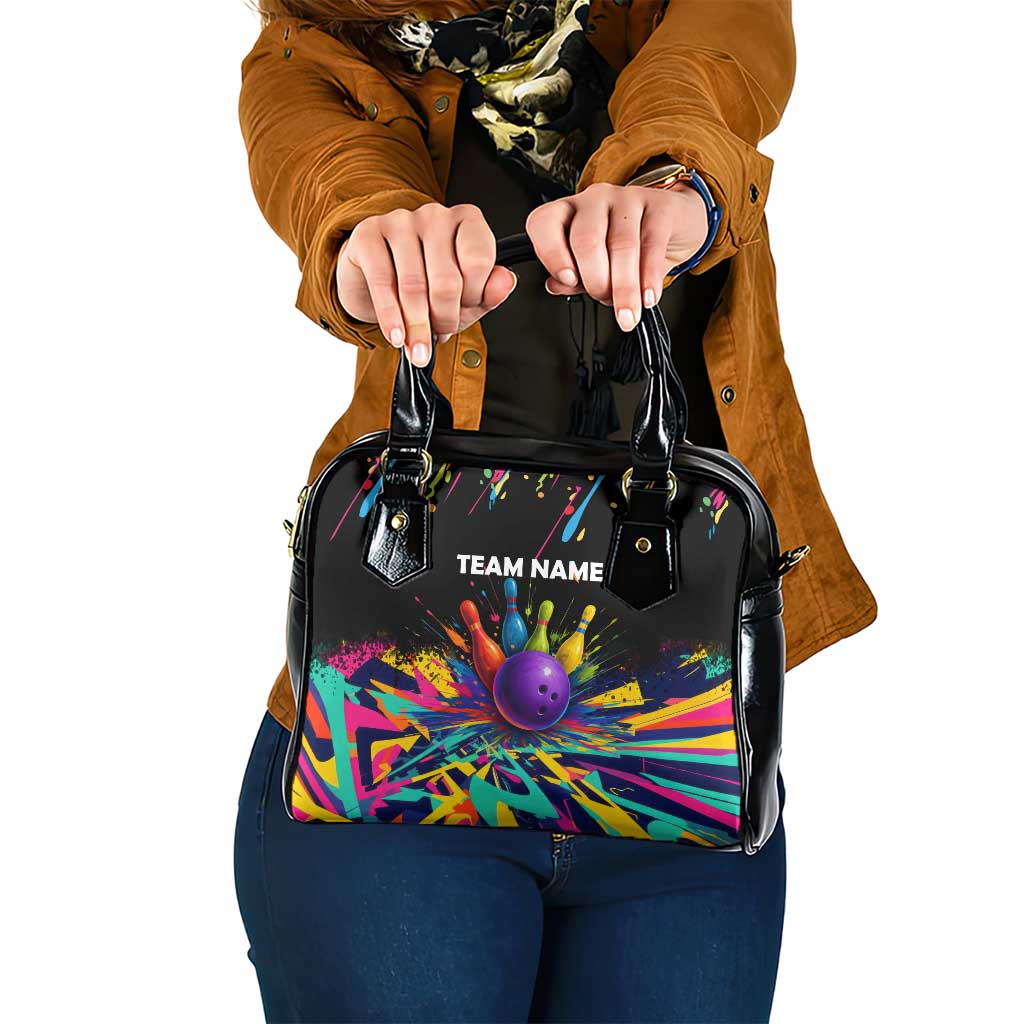 Custom Bowling Strike Design Shoulder Handbag Colorful Pins and Purple Ball in Abstract Splatter Art Style TS04