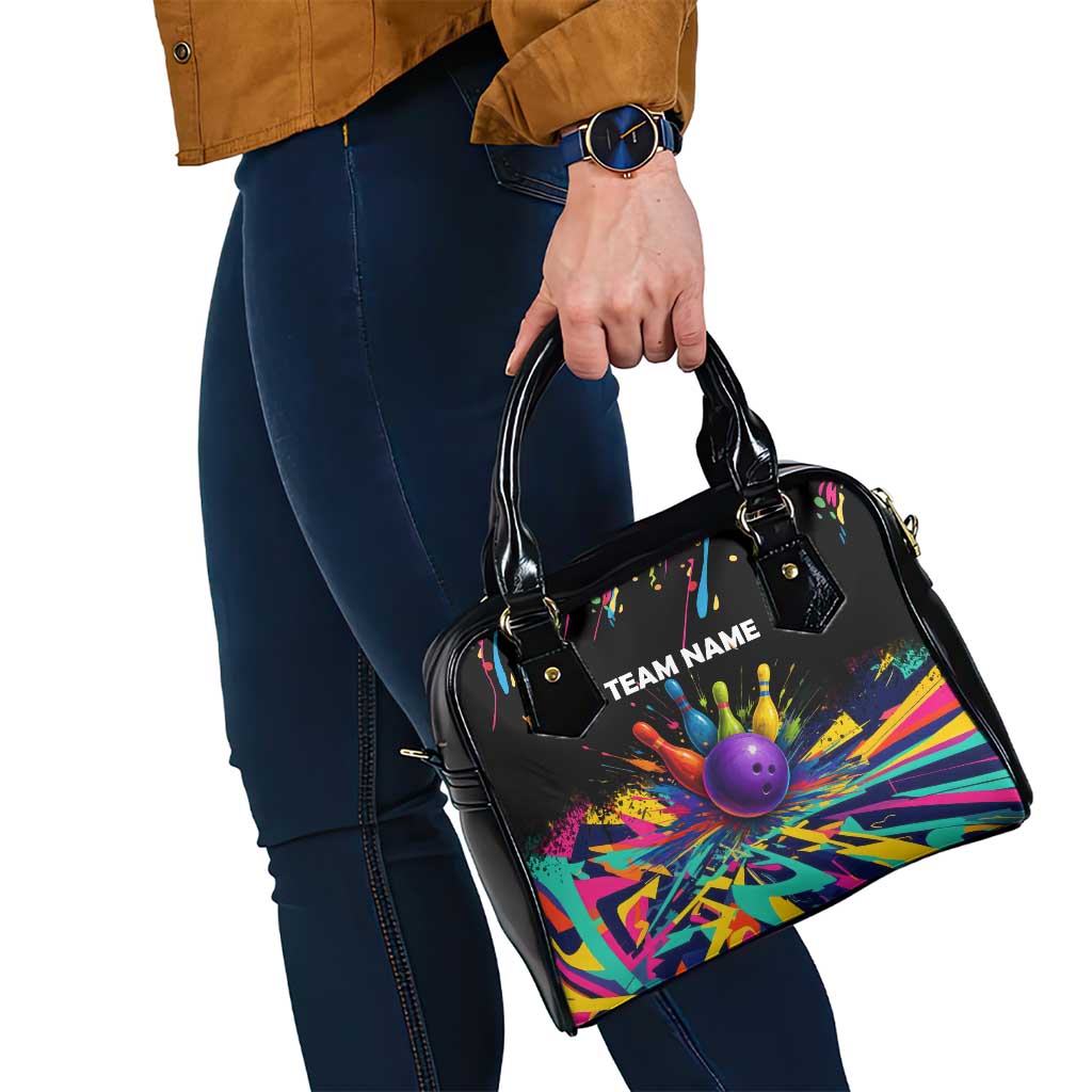 Custom Bowling Strike Design Shoulder Handbag Colorful Pins and Purple Ball in Abstract Splatter Art Style TS04