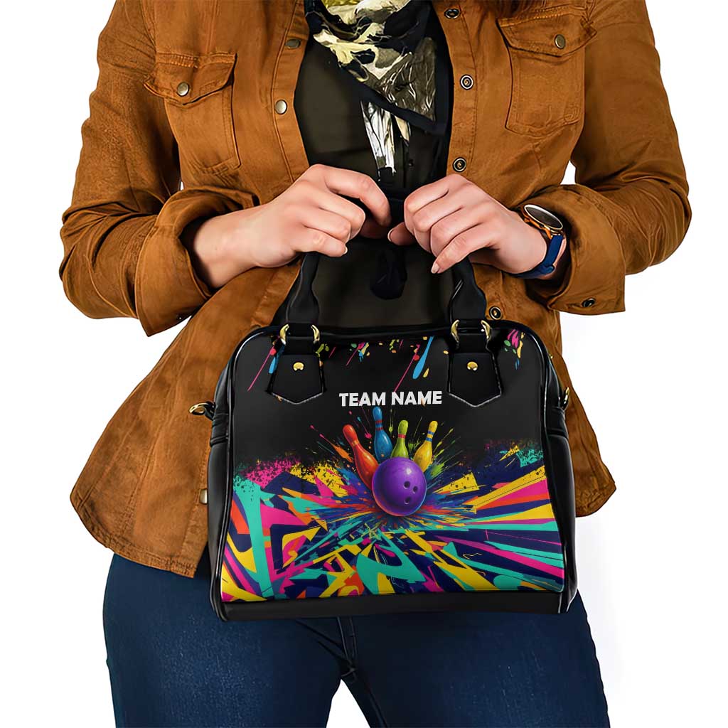 Custom Bowling Strike Design Shoulder Handbag Colorful Pins and Purple Ball in Abstract Splatter Art Style TS04