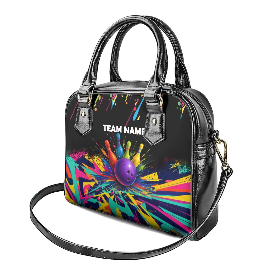 Custom Bowling Strike Design Shoulder Handbag Colorful Pins and Purple Ball in Abstract Splatter Art Style TS04