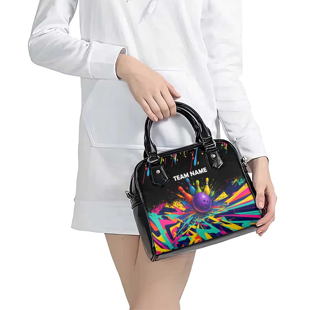 Custom Bowling Strike Design Shoulder Handbag Colorful Pins and Purple Ball in Abstract Splatter Art Style TS04