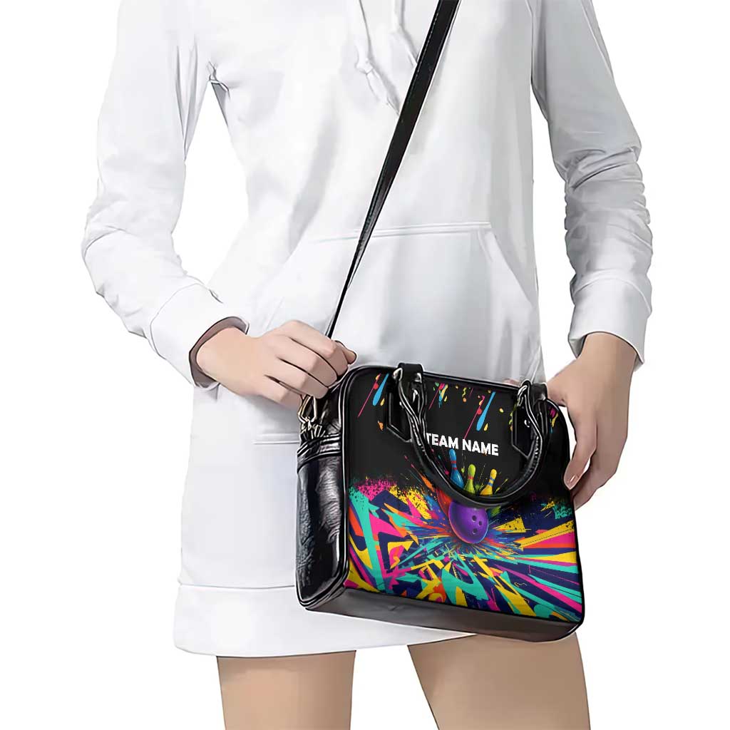Custom Bowling Strike Design Shoulder Handbag Colorful Pins and Purple Ball in Abstract Splatter Art Style TS04