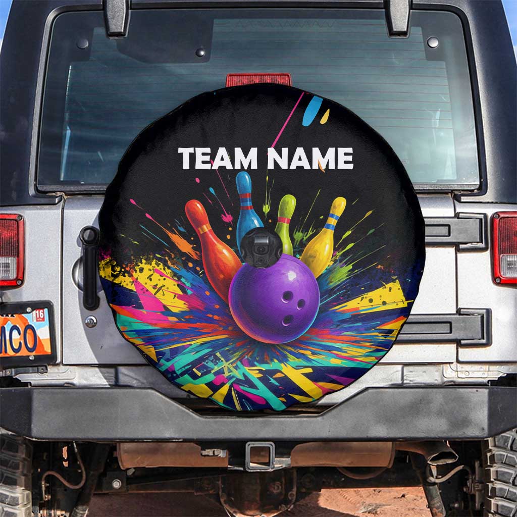 Custom Bowling Strike Design Spare Tire Cover Colorful Pins and Purple Ball in Abstract Splatter Art Style TS04