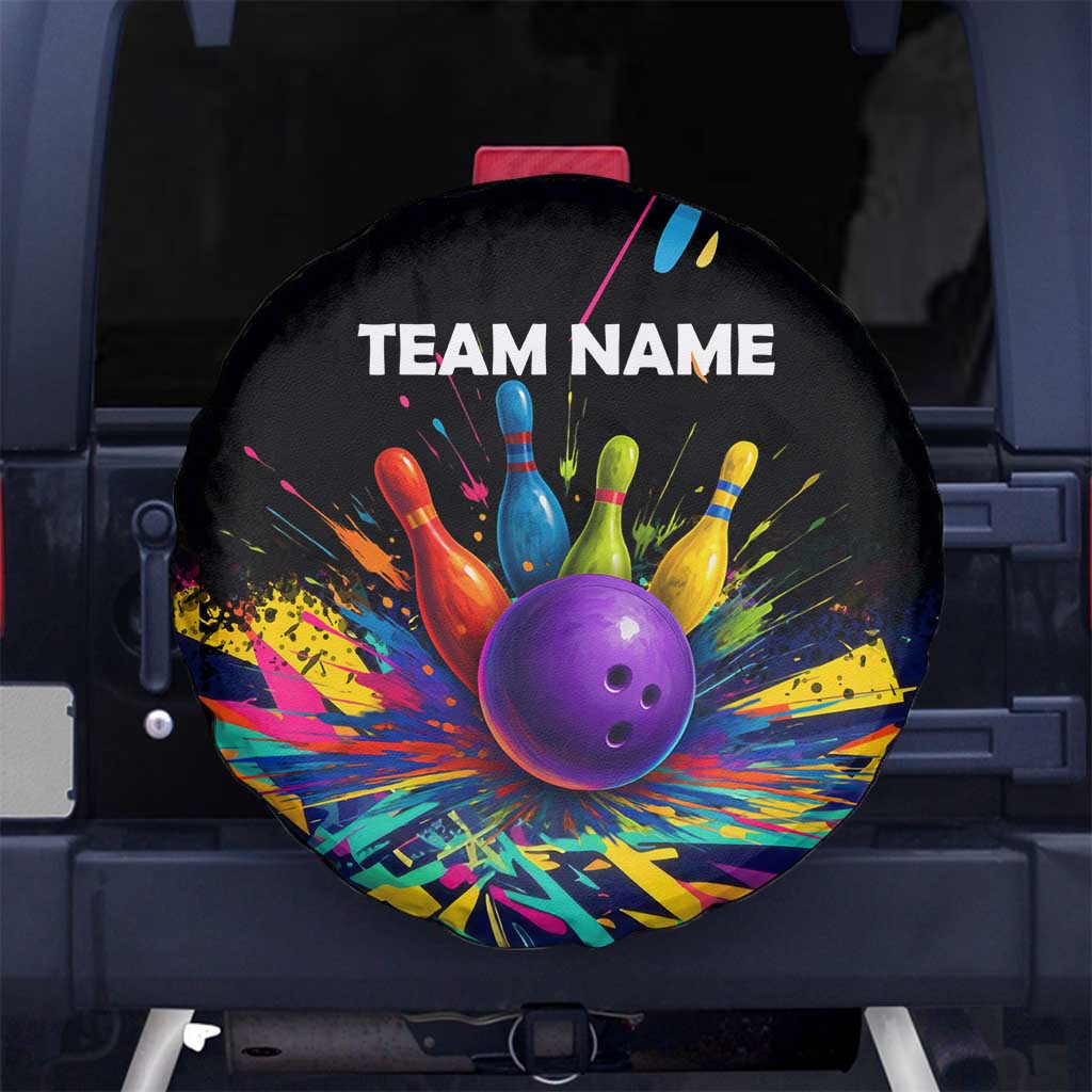 Custom Bowling Strike Design Spare Tire Cover Colorful Pins and Purple Ball in Abstract Splatter Art Style TS04