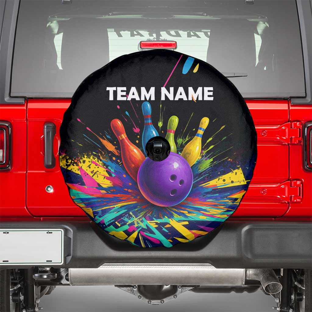 Custom Bowling Strike Design Spare Tire Cover Colorful Pins and Purple Ball in Abstract Splatter Art Style TS04