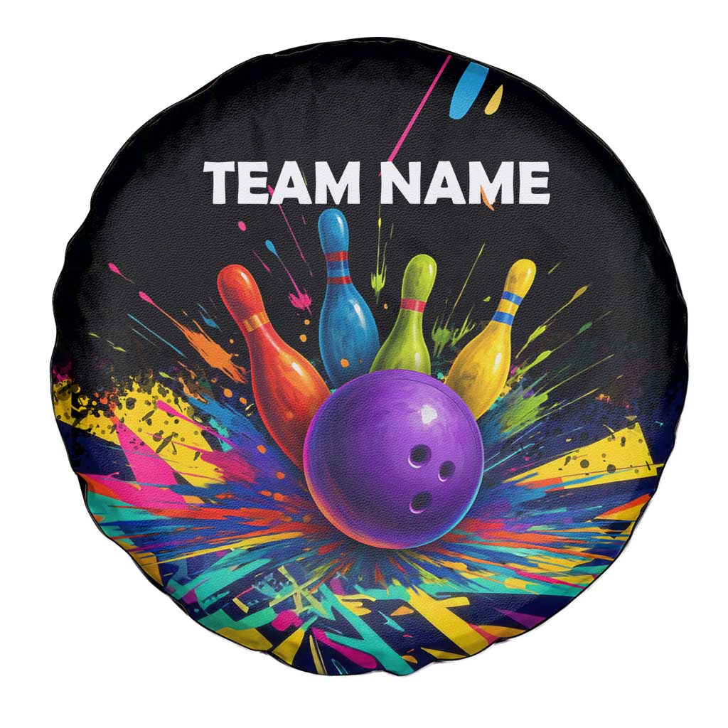 Custom Bowling Strike Design Spare Tire Cover Colorful Pins and Purple Ball in Abstract Splatter Art Style TS04