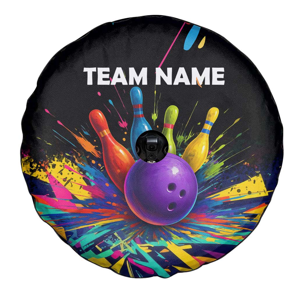 Custom Bowling Strike Design Spare Tire Cover Colorful Pins and Purple Ball in Abstract Splatter Art Style TS04