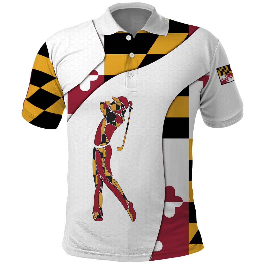 Golf Player Silhouette Polo Shirt Maryland Flag Pattern and Custom Name Panel Design TS04