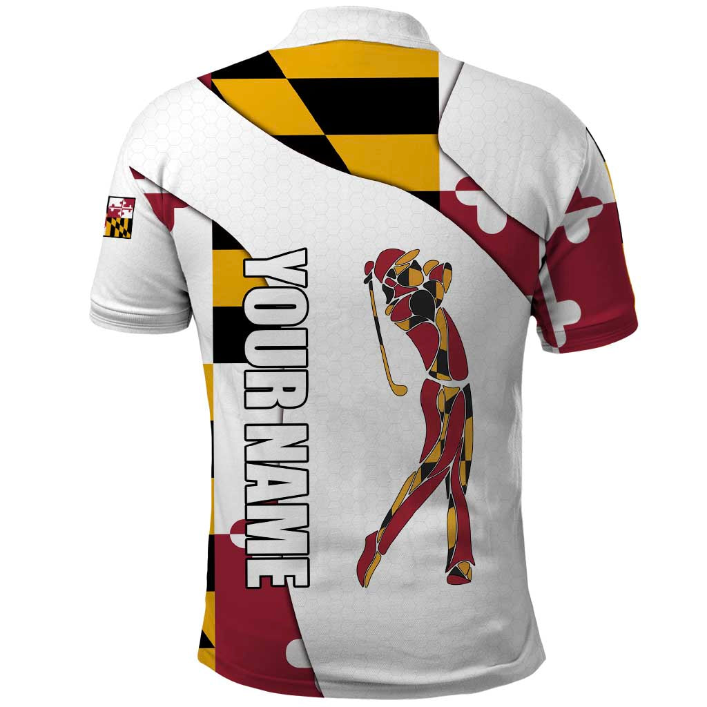 Golf Player Silhouette Polo Shirt Maryland Flag Pattern and Custom Name Panel Design TS04