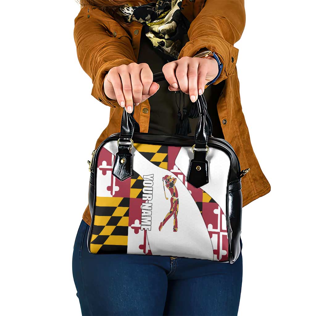 Golf Player Silhouette Shoulder Handbag Maryland Flag Pattern and Custom Name Panel Design TS04