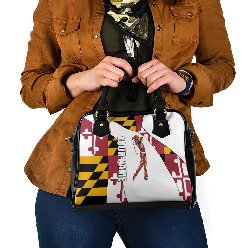 Golf Player Silhouette Shoulder Handbag Maryland Flag Pattern and Custom Name Panel Design TS04