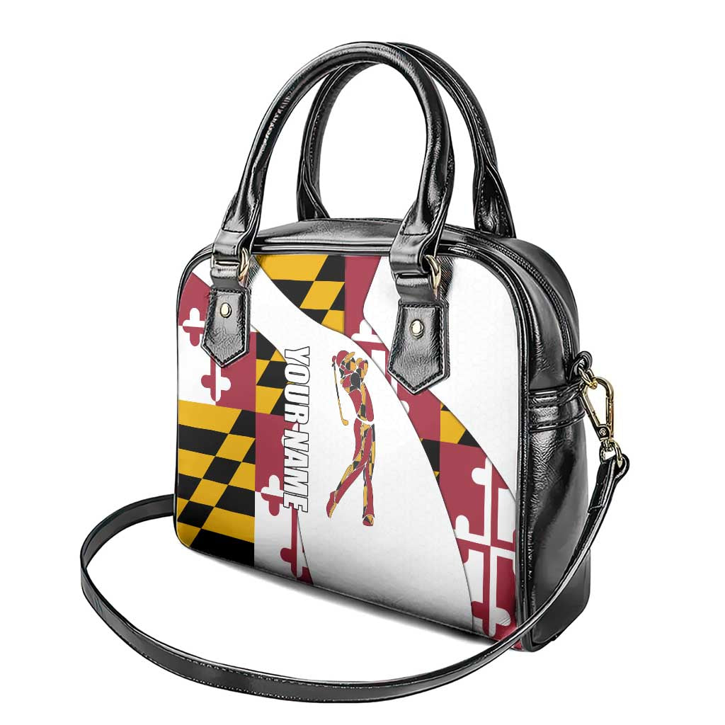 Golf Player Silhouette Shoulder Handbag Maryland Flag Pattern and Custom Name Panel Design TS04