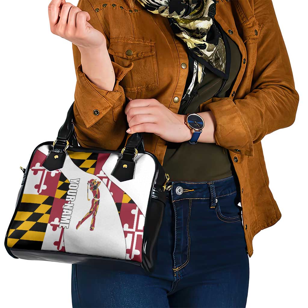 Golf Player Silhouette Shoulder Handbag Maryland Flag Pattern and Custom Name Panel Design TS04
