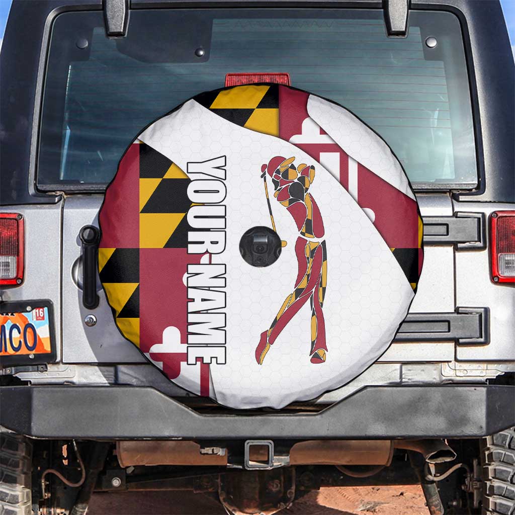 Golf Player Silhouette Spare Tire Cover Maryland Flag Pattern and Custom Name Panel Design TS04