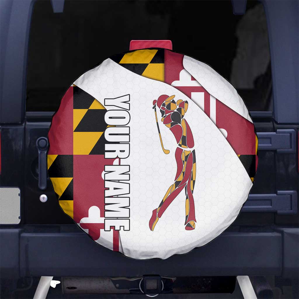 Golf Player Silhouette Spare Tire Cover Maryland Flag Pattern and Custom Name Panel Design TS04