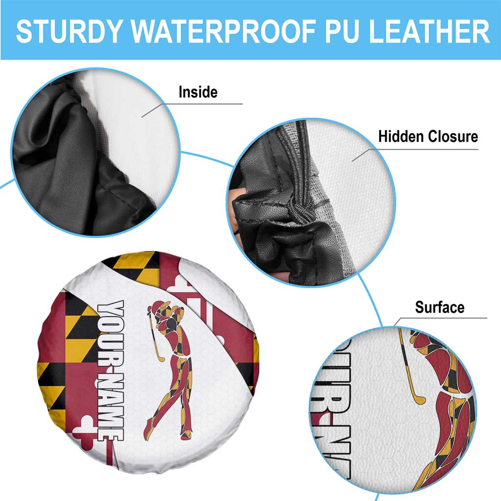 Golf Player Silhouette Spare Tire Cover Maryland Flag Pattern and Custom Name Panel Design TS04