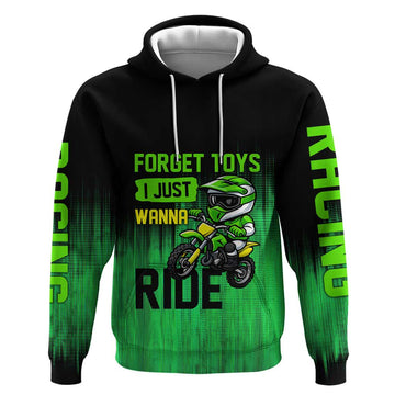 Green Dirt Bike Rider Hoodie Forget Toys I Just Wanna Ride Quote and Custom Racing Name Design TS04