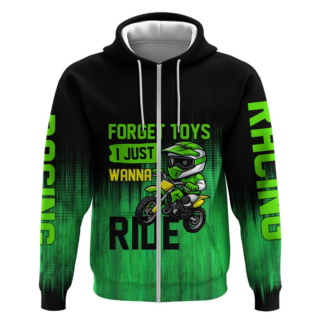 Green Dirt Bike Rider Hoodie Forget Toys I Just Wanna Ride Quote and Custom Racing Name Design TS04