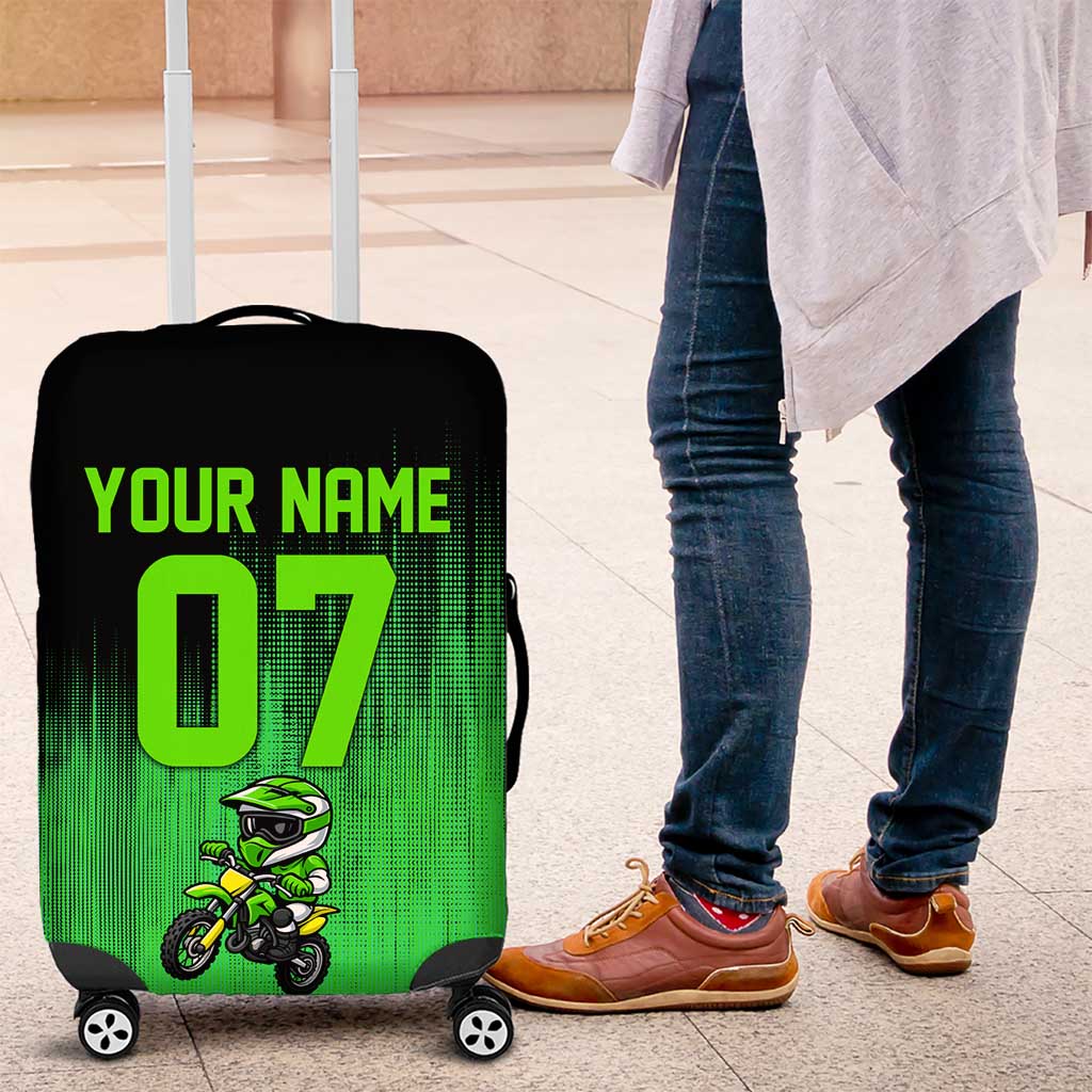 Green Dirt Bike Rider Luggage Cover Forget Toys I Just Wanna Ride Quote and Custom Racing Name Design TS04