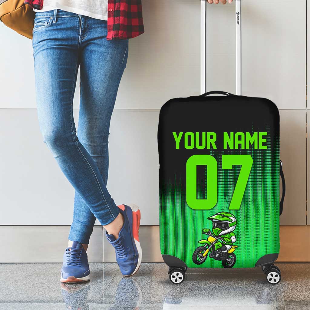 Green Dirt Bike Rider Luggage Cover Forget Toys I Just Wanna Ride Quote and Custom Racing Name Design TS04