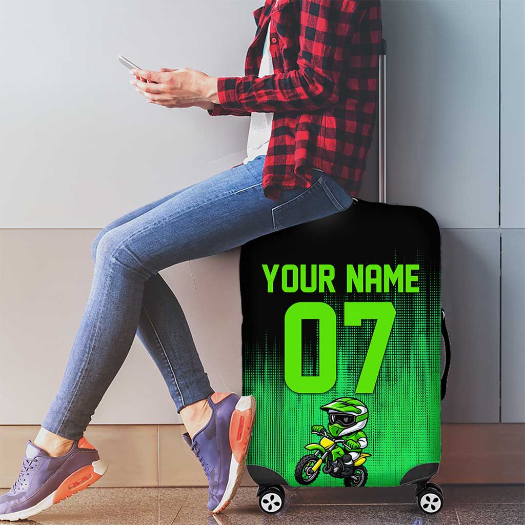 Green Dirt Bike Rider Luggage Cover Forget Toys I Just Wanna Ride Quote and Custom Racing Name Design TS04