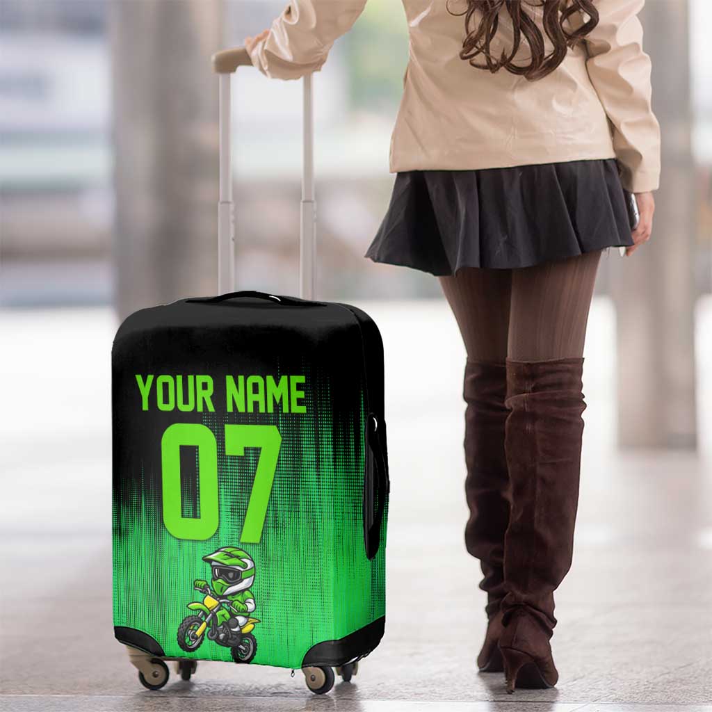 Green Dirt Bike Rider Luggage Cover Forget Toys I Just Wanna Ride Quote and Custom Racing Name Design TS04