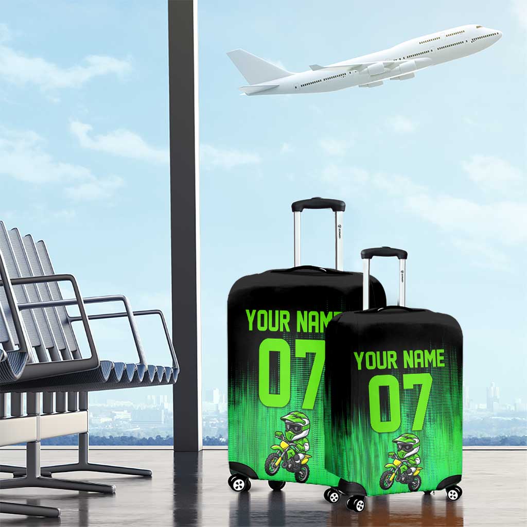 Green Dirt Bike Rider Luggage Cover Forget Toys I Just Wanna Ride Quote and Custom Racing Name Design TS04