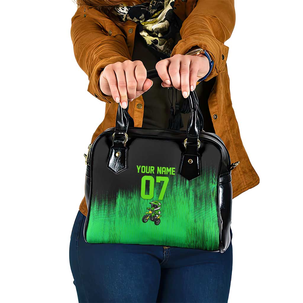 Green Dirt Bike Rider Shoulder Handbag Forget Toys I Just Wanna Ride Quote and Custom Racing Name Design TS04
