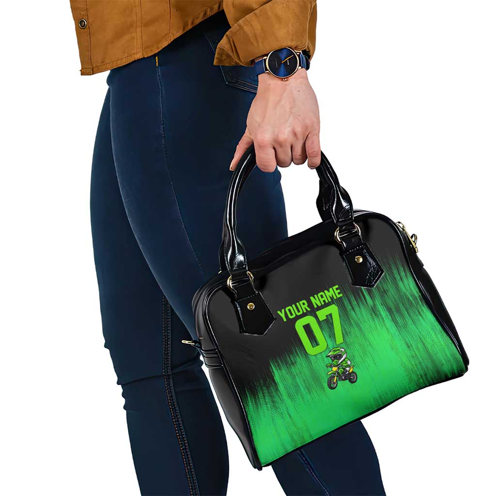 Green Dirt Bike Rider Shoulder Handbag Forget Toys I Just Wanna Ride Quote and Custom Racing Name Design TS04