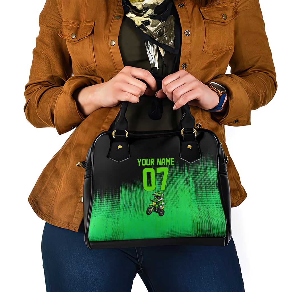Green Dirt Bike Rider Shoulder Handbag Forget Toys I Just Wanna Ride Quote and Custom Racing Name Design TS04
