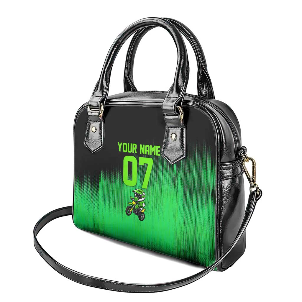Green Dirt Bike Rider Shoulder Handbag Forget Toys I Just Wanna Ride Quote and Custom Racing Name Design TS04