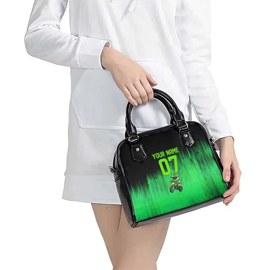 Green Dirt Bike Rider Shoulder Handbag Forget Toys I Just Wanna Ride Quote and Custom Racing Name Design TS04