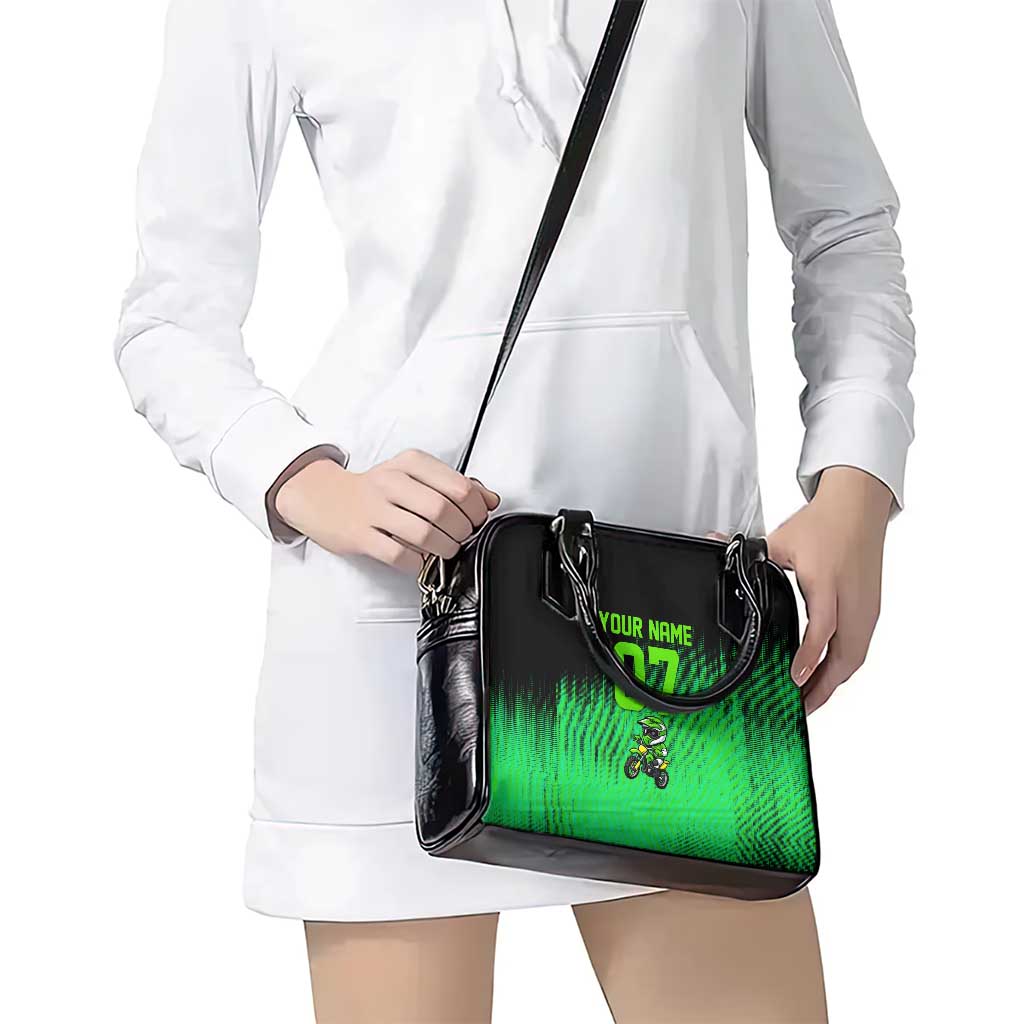 Green Dirt Bike Rider Shoulder Handbag Forget Toys I Just Wanna Ride Quote and Custom Racing Name Design TS04