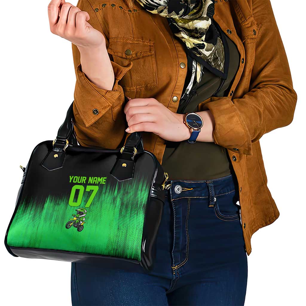 Green Dirt Bike Rider Shoulder Handbag Forget Toys I Just Wanna Ride Quote and Custom Racing Name Design TS04