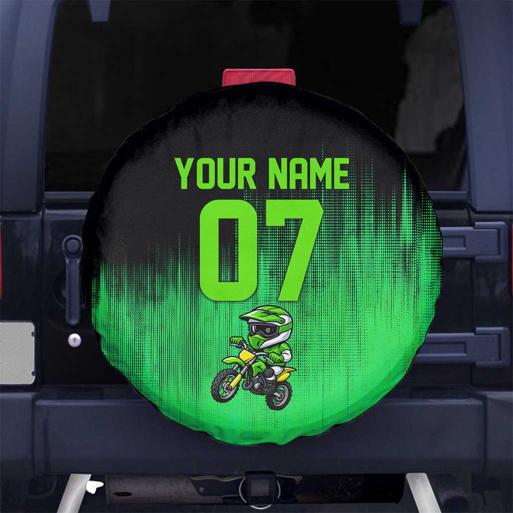 Green Dirt Bike Rider Spare Tire Cover Forget Toys I Just Wanna Ride Quote and Custom Racing Name Design TS04