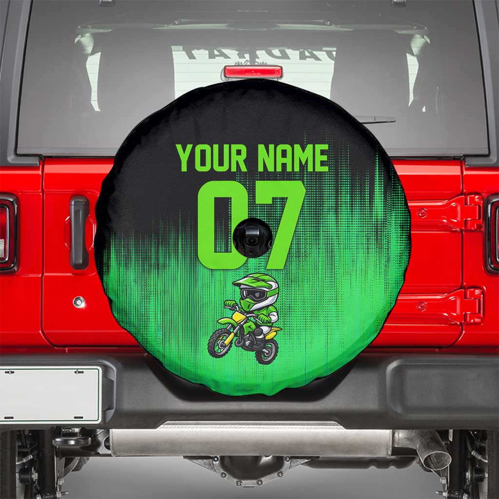 Green Dirt Bike Rider Spare Tire Cover Forget Toys I Just Wanna Ride Quote and Custom Racing Name Design TS04