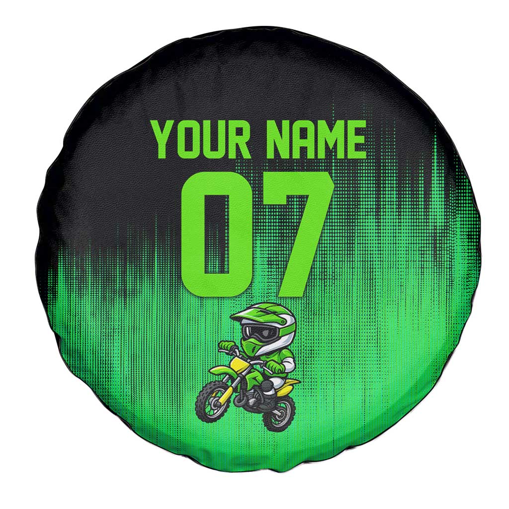 Green Dirt Bike Rider Spare Tire Cover Forget Toys I Just Wanna Ride Quote and Custom Racing Name Design TS04