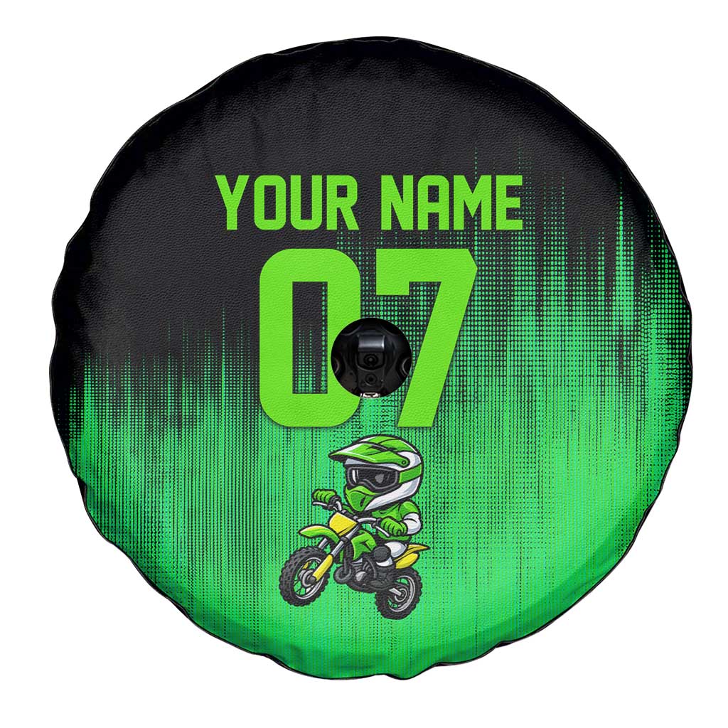 Green Dirt Bike Rider Spare Tire Cover Forget Toys I Just Wanna Ride Quote and Custom Racing Name Design TS04