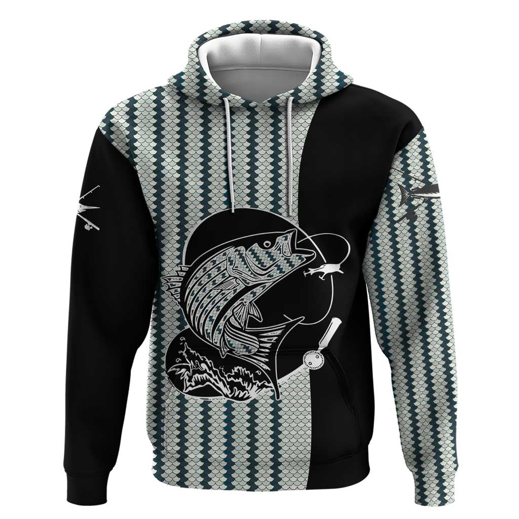 Striped Bass Jumping Graphic Hoodie Rod Reel and Airplane on Fish Scale Pattern TS04