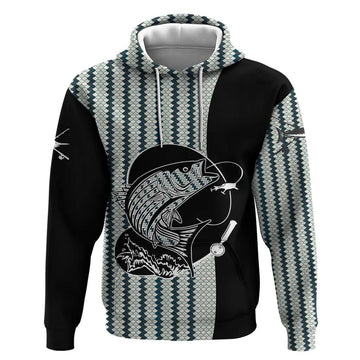 Striped Bass Jumping Graphic Hoodie Rod Reel and Airplane on Fish Scale Pattern TS04