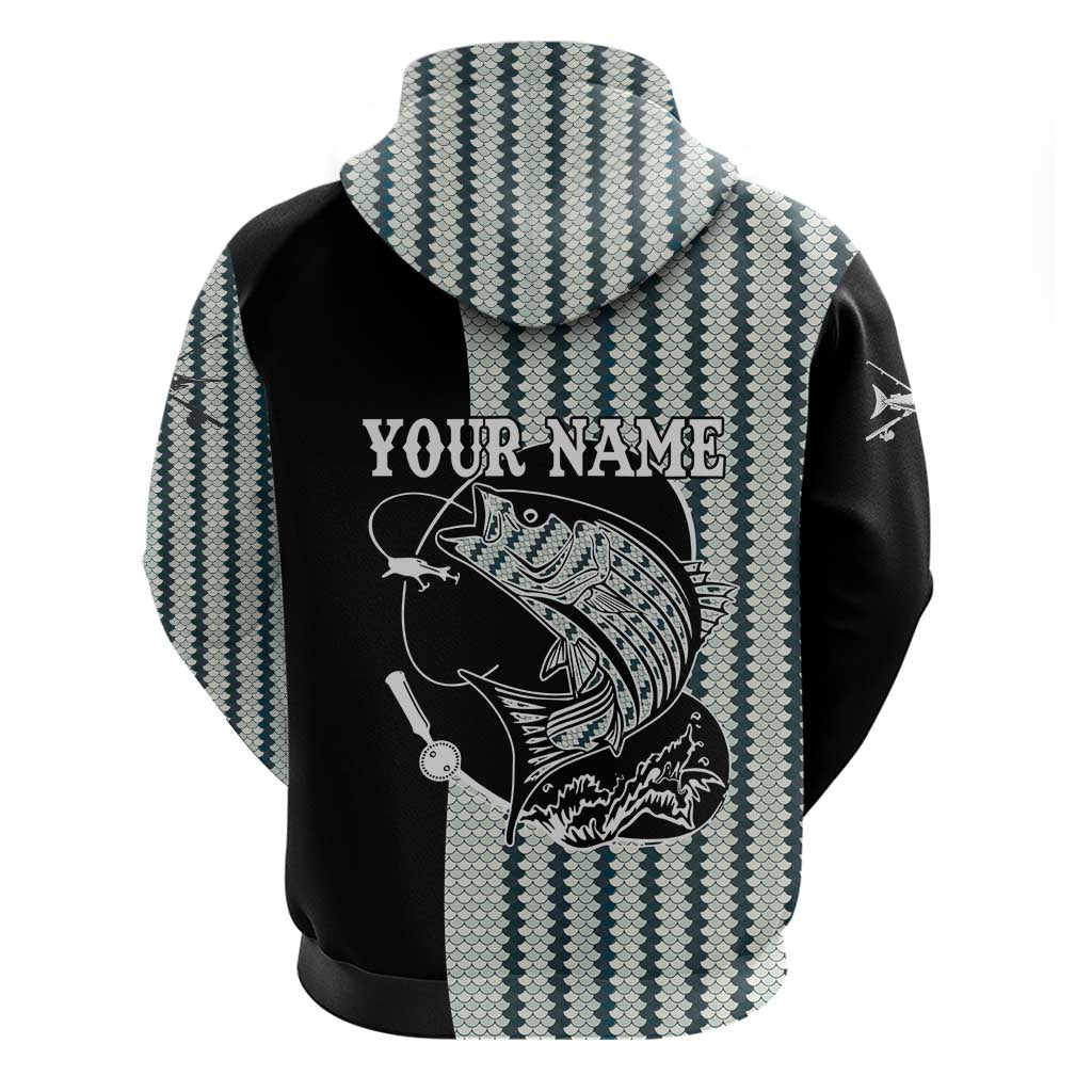 Striped Bass Jumping Graphic Hoodie Rod Reel and Airplane on Fish Scale Pattern TS04