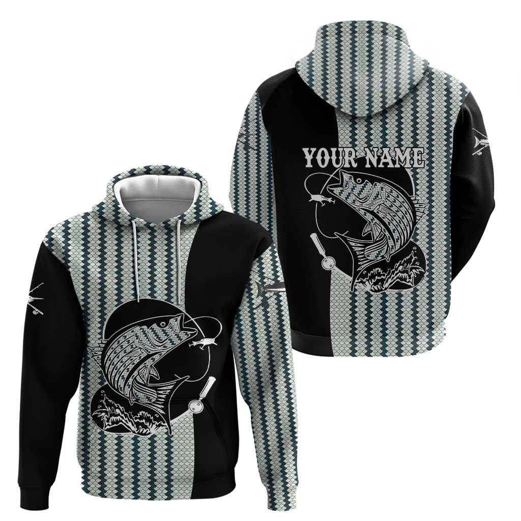 Striped Bass Jumping Graphic Hoodie Rod Reel and Airplane on Fish Scale Pattern TS04