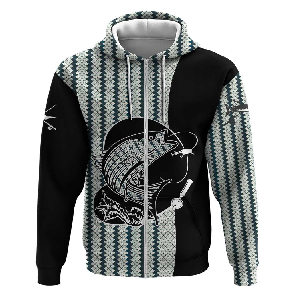 Striped Bass Jumping Graphic Hoodie Rod Reel and Airplane on Fish Scale Pattern TS04
