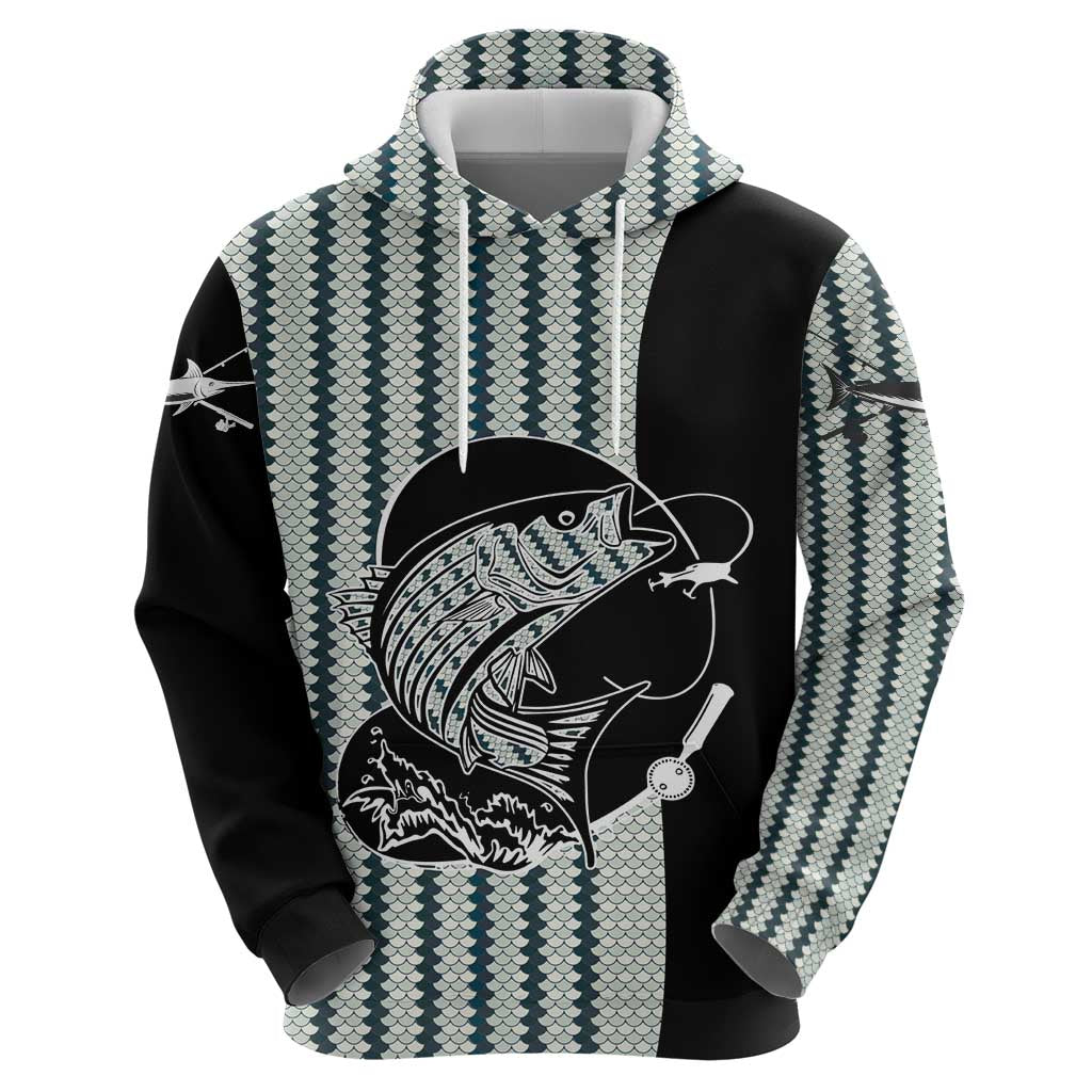Striped Bass Jumping Graphic Hoodie Rod Reel and Airplane on Fish Scale Pattern TS04