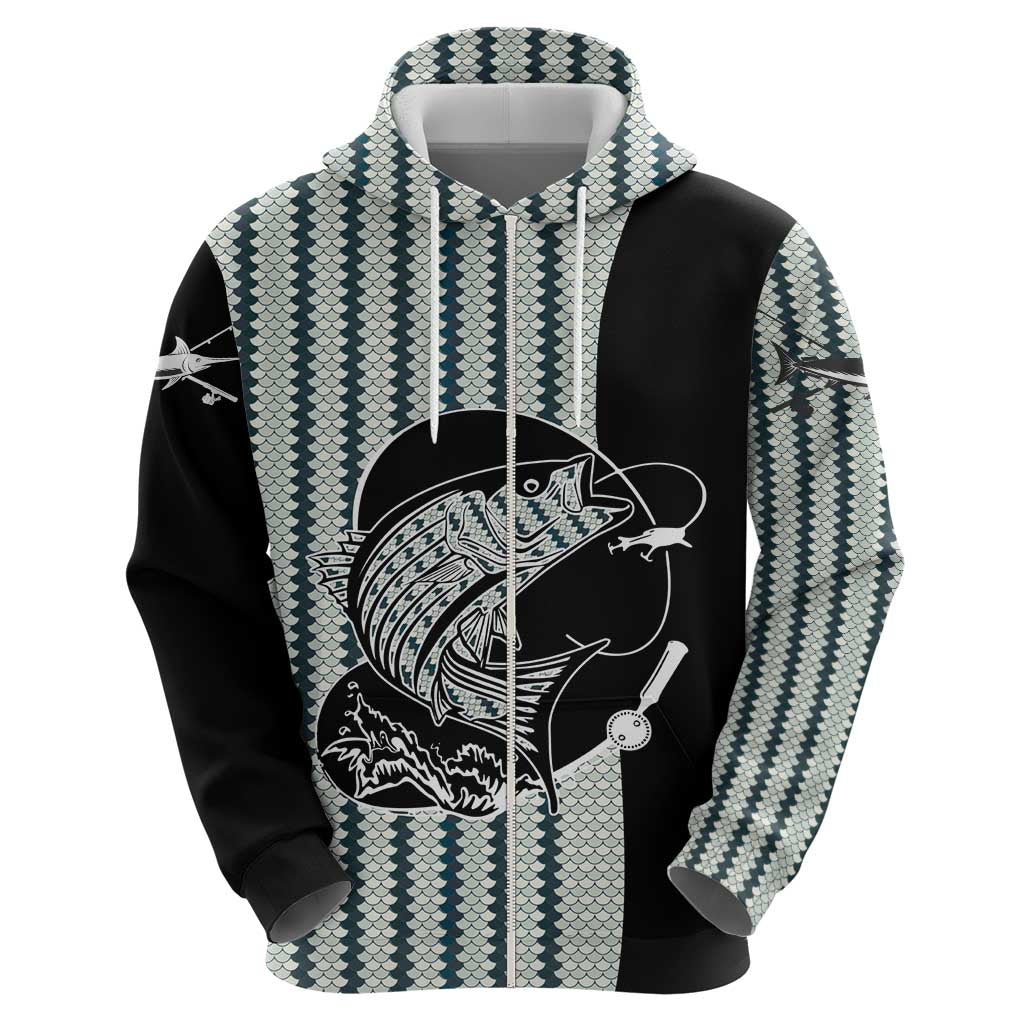 Striped Bass Jumping Graphic Hoodie Rod Reel and Airplane on Fish Scale Pattern TS04