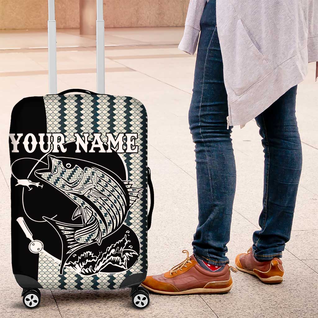 Striped Bass Jumping Graphic Luggage Cover Rod Reel and Airplane on Fish Scale Pattern TS04