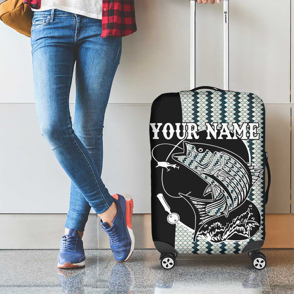 Striped Bass Jumping Graphic Luggage Cover Rod Reel and Airplane on Fish Scale Pattern TS04