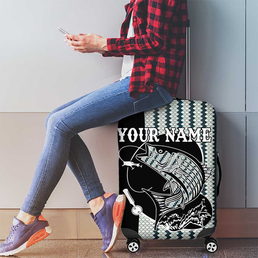 Striped Bass Jumping Graphic Luggage Cover Rod Reel and Airplane on Fish Scale Pattern TS04