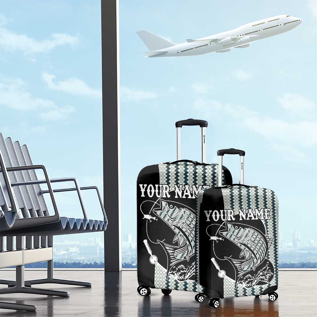 Striped Bass Jumping Graphic Luggage Cover Rod Reel and Airplane on Fish Scale Pattern TS04
