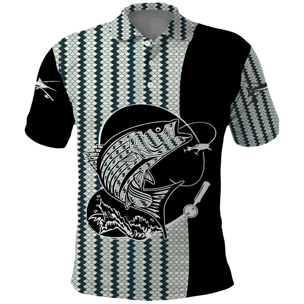 Striped Bass Jumping Graphic Polo Shirt Rod Reel and Airplane on Fish Scale Pattern TS04